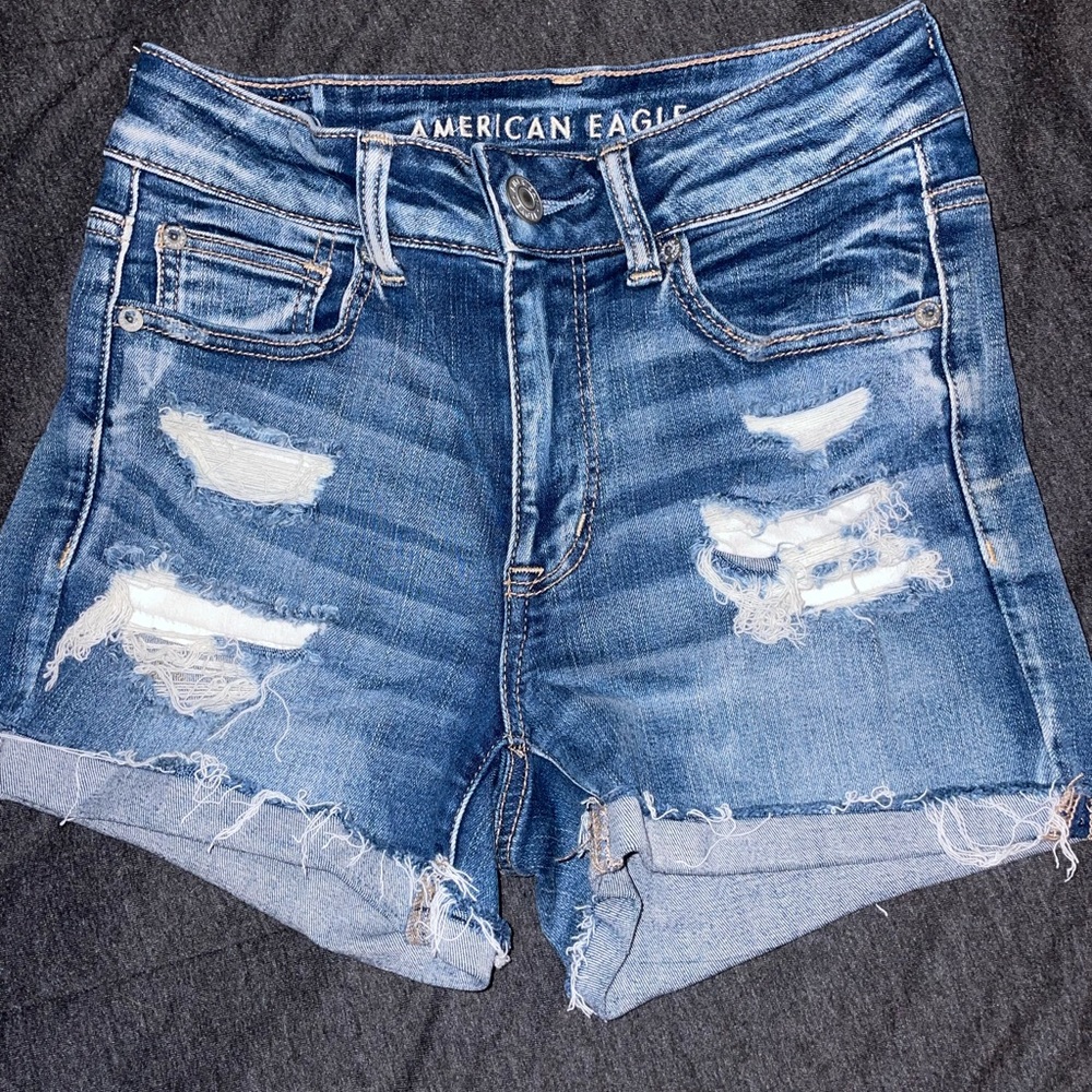 American Eagle “Hi-Rise Shortie” jean shorts.